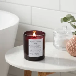 Clear Colored Glass With Woodwick And Brass Metal Inset Lid Spice Vanilla Fig Candle Purple - Thresholdâ˘