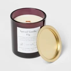 Clear Colored Glass With Woodwick And Brass Metal Inset Lid Spice Vanilla Fig Candle Purple - Threshold™ 7 Clear Colored Glass With Woodwick And Brass Metal Inset Lid Spice Vanilla Fig Candle Purple - Threshold™ -Threshold Outdoor Deals Store GUEST 851e53a4 1b0e 449b 92ac ac1f0d30a37e