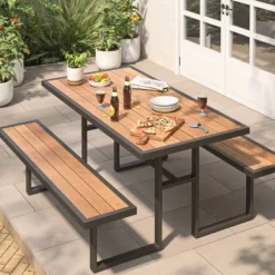 Threshold Outdoor Deals Store 15 Bryant Faux Wood Rectangle Patio Picnic Table - Gray/Natural Wood - Threshold™