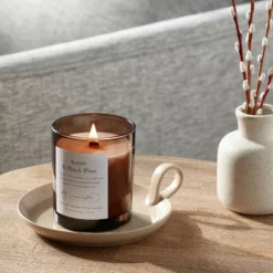 Clear Colored Glass With Woodwick And Brass Metal Inset Lid Acorn + Black Pine Candle Brown - Thresholdâ˘